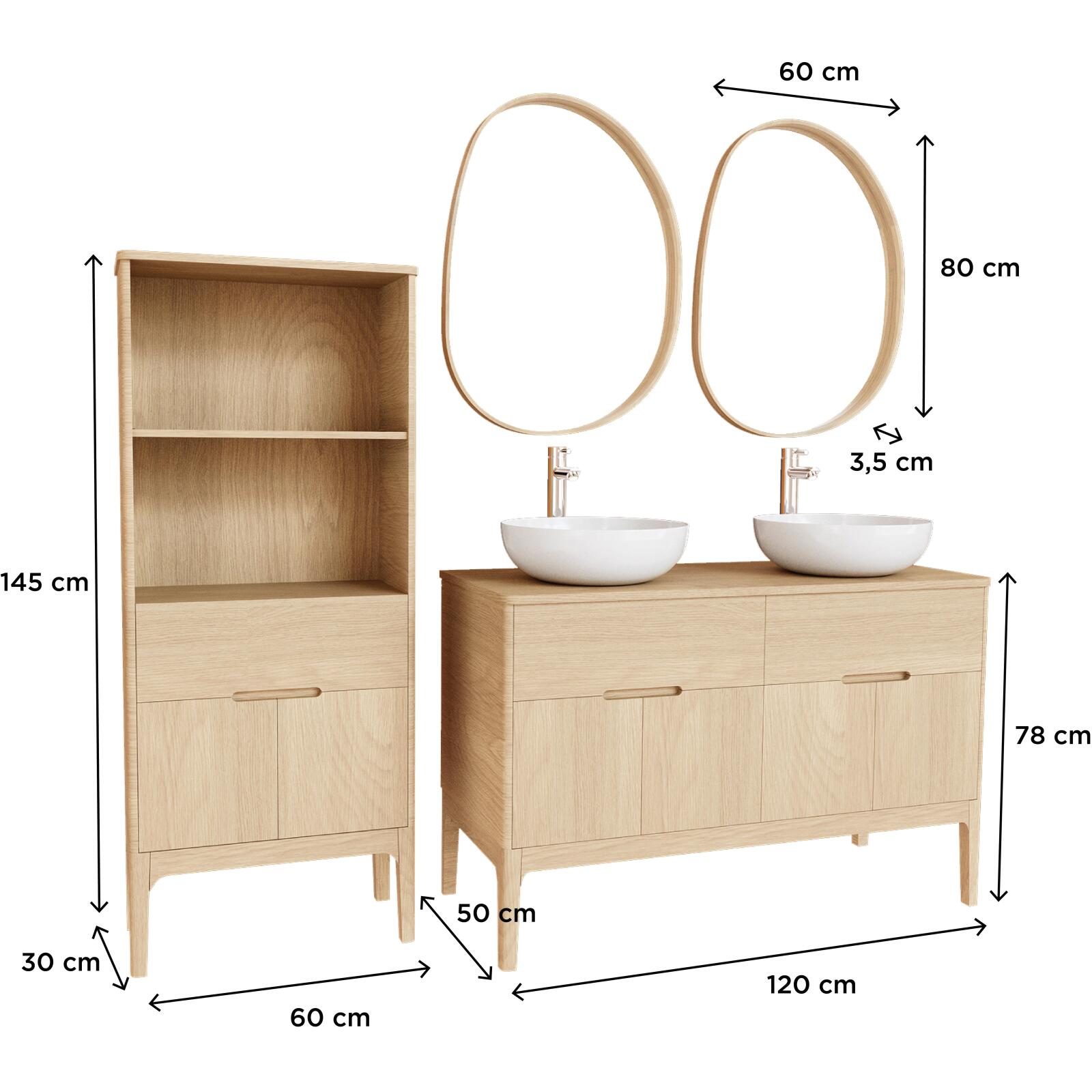Ensemble meuble double vasque 120 cm chêne naturel + 2 vasques + 2 robinets + 2 miroirs + colonne