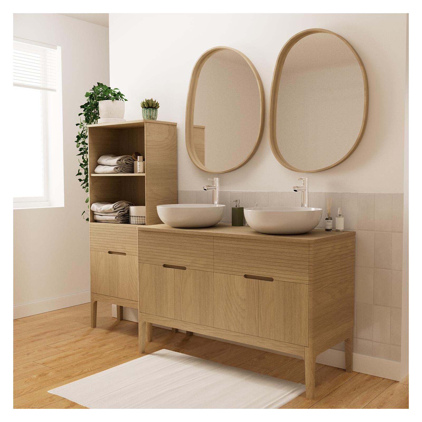 Ensemble meuble double vasque 120 cm chêne naturel + 2 vasques + 2 robinets + 2 miroirs + colonne
