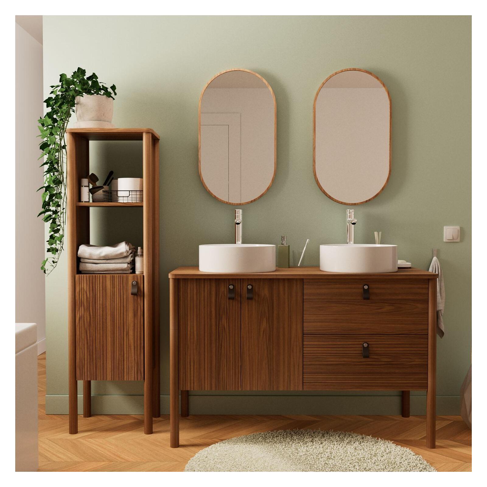 Ensemble meuble double vasque 120 cm noyer + vasque + robinet + miroir + colonne Ensemble meuble double vasque 120 cm noyer + vasque + robinet + miroir + colonne
