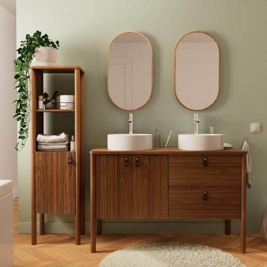 Ensemble meuble double vasque 120 cm noyer + vasque + robinet + miroir + colonne