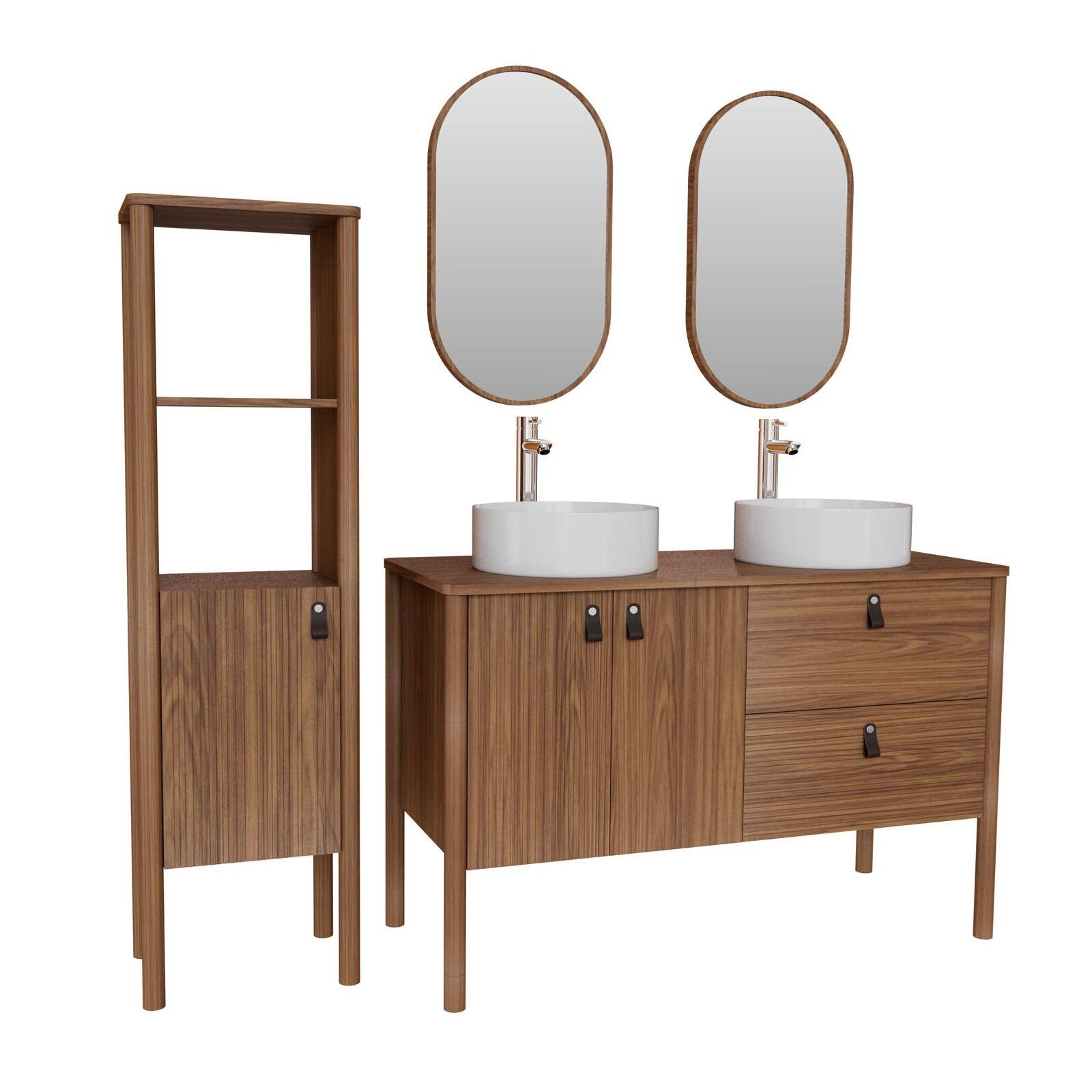Ensemble meuble double vasque 120 cm noyer + vasque + robinet + miroir + colonne Ensemble meuble double vasque 120 cm noyer + vasque + robinet + miroir + colonne