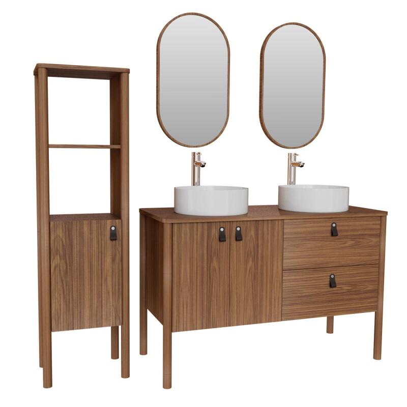 Ensemble meuble double vasque 120 cm noyer + vasque + robinet + miroir + colonne
