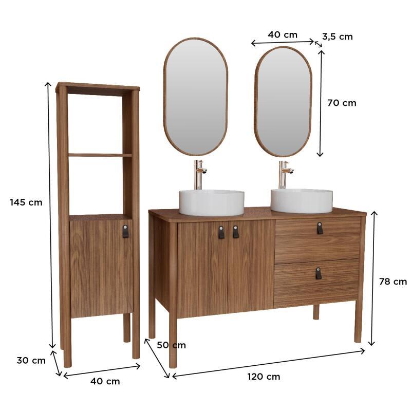 Ensemble meuble double vasque 120 cm noyer + vasque + robinet + miroir + colonne