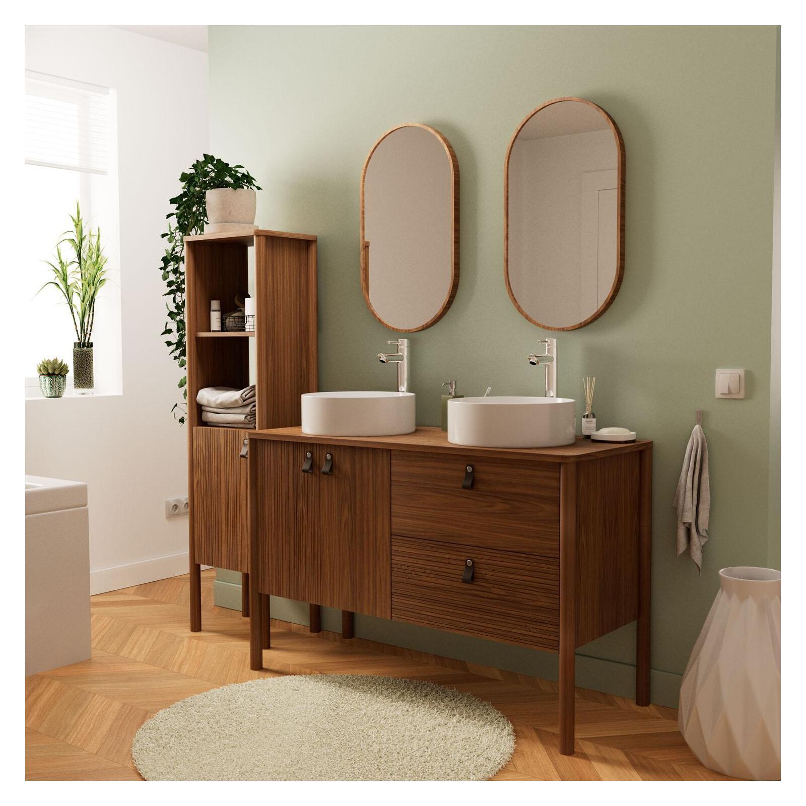 Ensemble meuble double vasque 120 cm noyer + vasque + robinet + miroir + colonne Ensemble meuble double vasque 120 cm noyer + vasque + robinet + miroir + colonne