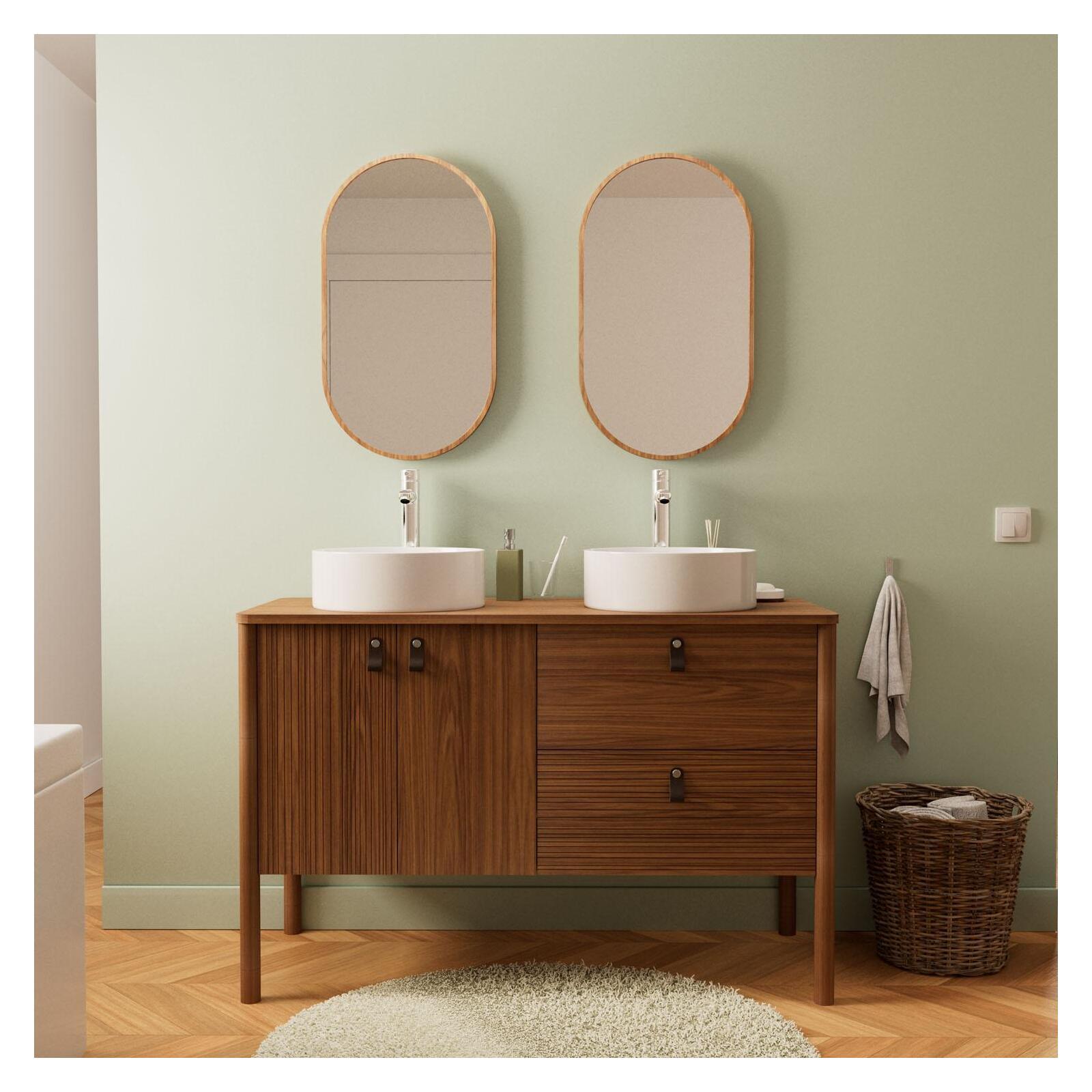Ensemble meuble double vasque 120 cm noyer + 2 vasques blanches + 2 robinets + 2 miroirs Ensemble meuble double vasque 120 cm noyer + 2 vasques blanches + 2 robinets + 2 miroirs