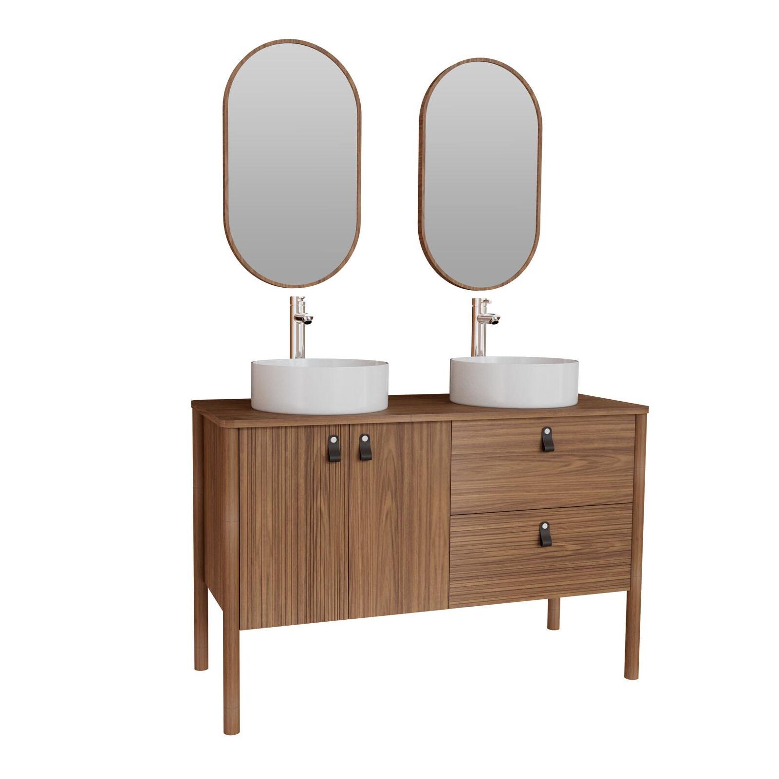 Ensemble meuble double vasque 120 cm noyer + 2 vasques blanches + 2 robinets + 2 miroirs Ensemble meuble double vasque 120 cm noyer + 2 vasques blanches + 2 robinets + 2 miroirs