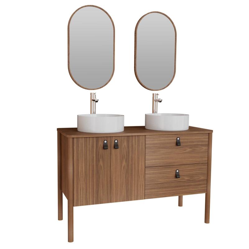 Ensemble meuble double vasque 120 cm noyer + 2 vasques blanches + 2 robinets + 2 miroirs