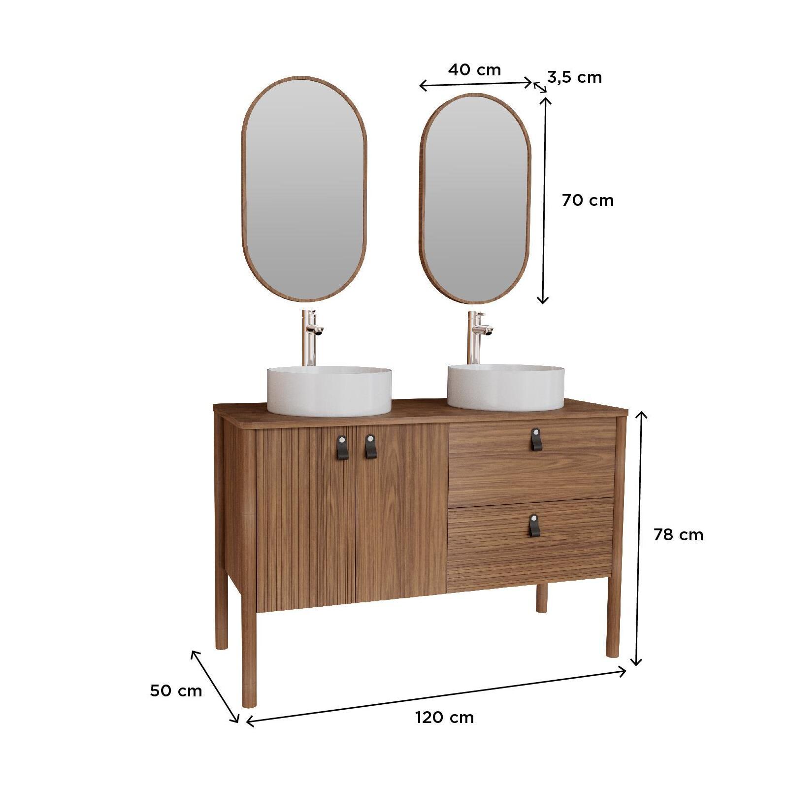 Ensemble meuble double vasque 120 cm noyer + 2 vasques blanches + 2 robinets + 2 miroirs Ensemble meuble double vasque 120 cm noyer + 2 vasques blanches + 2 robinets + 2 miroirs