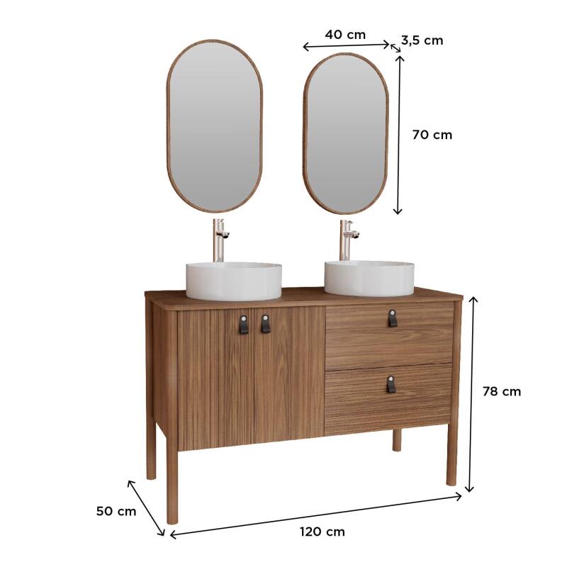 Ensemble meuble double vasque 120 cm noyer + 2 vasques blanches + 2 robinets + 2 miroirs