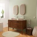 Ensemble meuble double vasque 120 cm noyer + 2 vasques blanches + 2 robinets + 2 miroirs