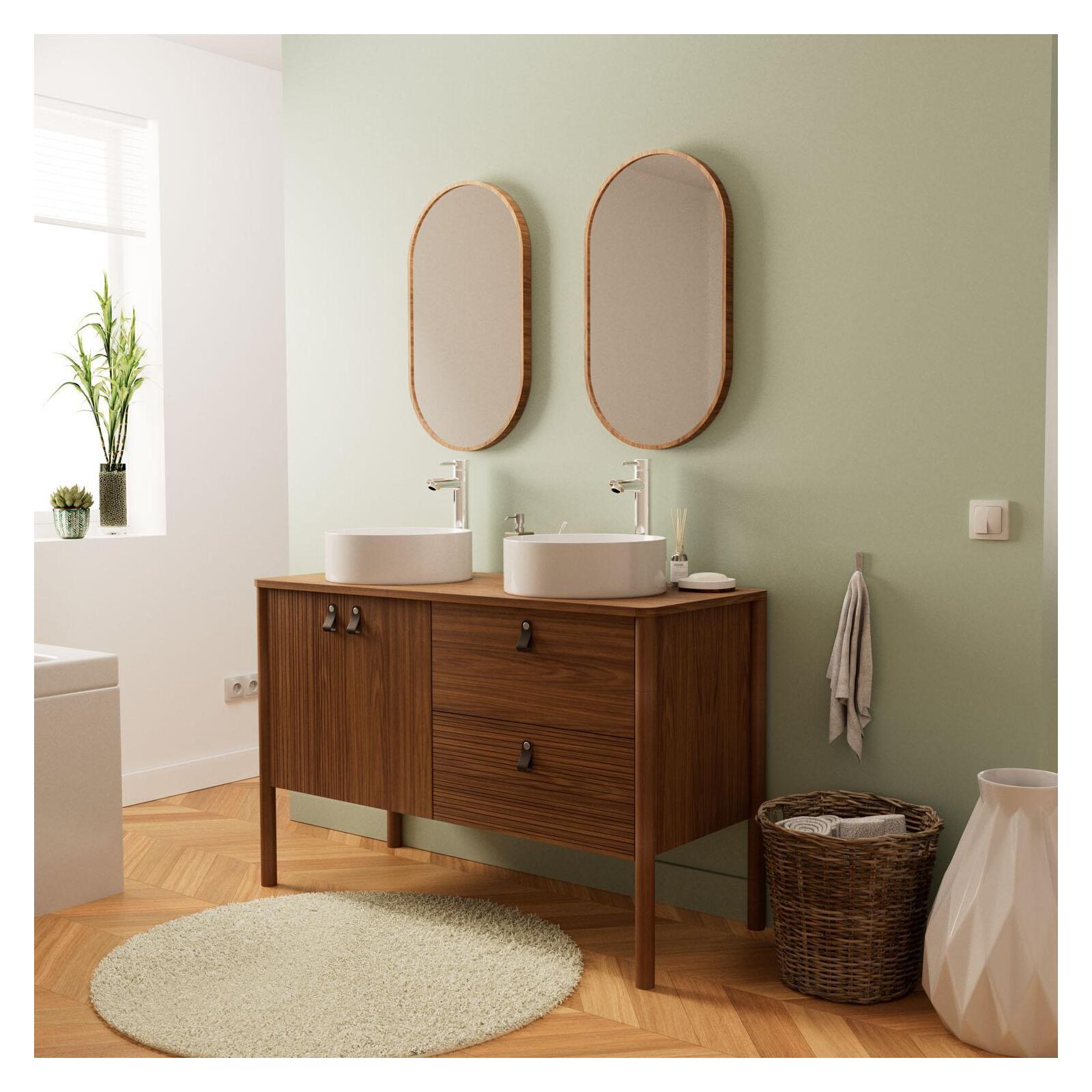 Ensemble meuble double vasque 120 cm noyer + 2 vasques blanches + 2 robinets + 2 miroirs Ensemble meuble double vasque 120 cm noyer + 2 vasques blanches + 2 robinets + 2 miroirs