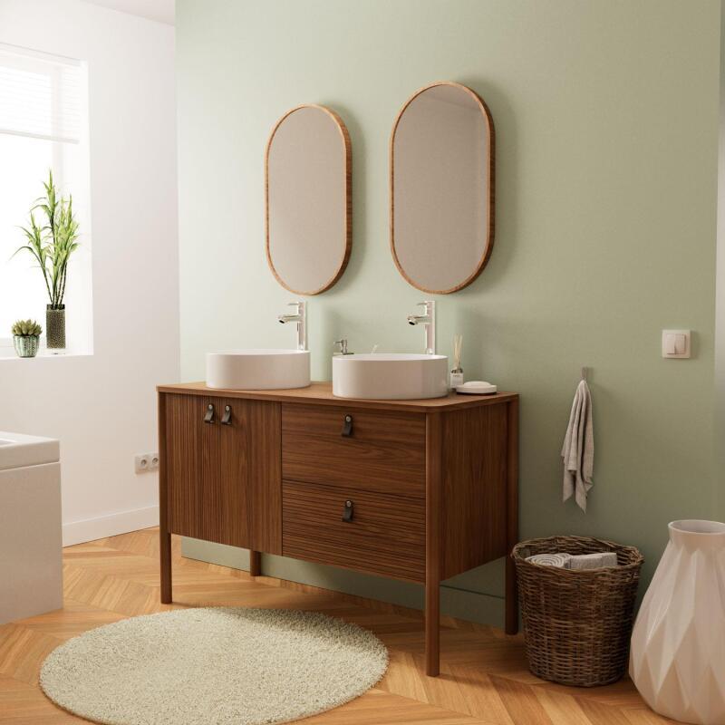 Ensemble meuble double vasque 120 cm noyer + 2 vasques blanches + 2 robinets + 2 miroirs