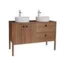 Ensemble meuble double vasque 120 cm noyer + 2 vasques blanches + 2 robinets