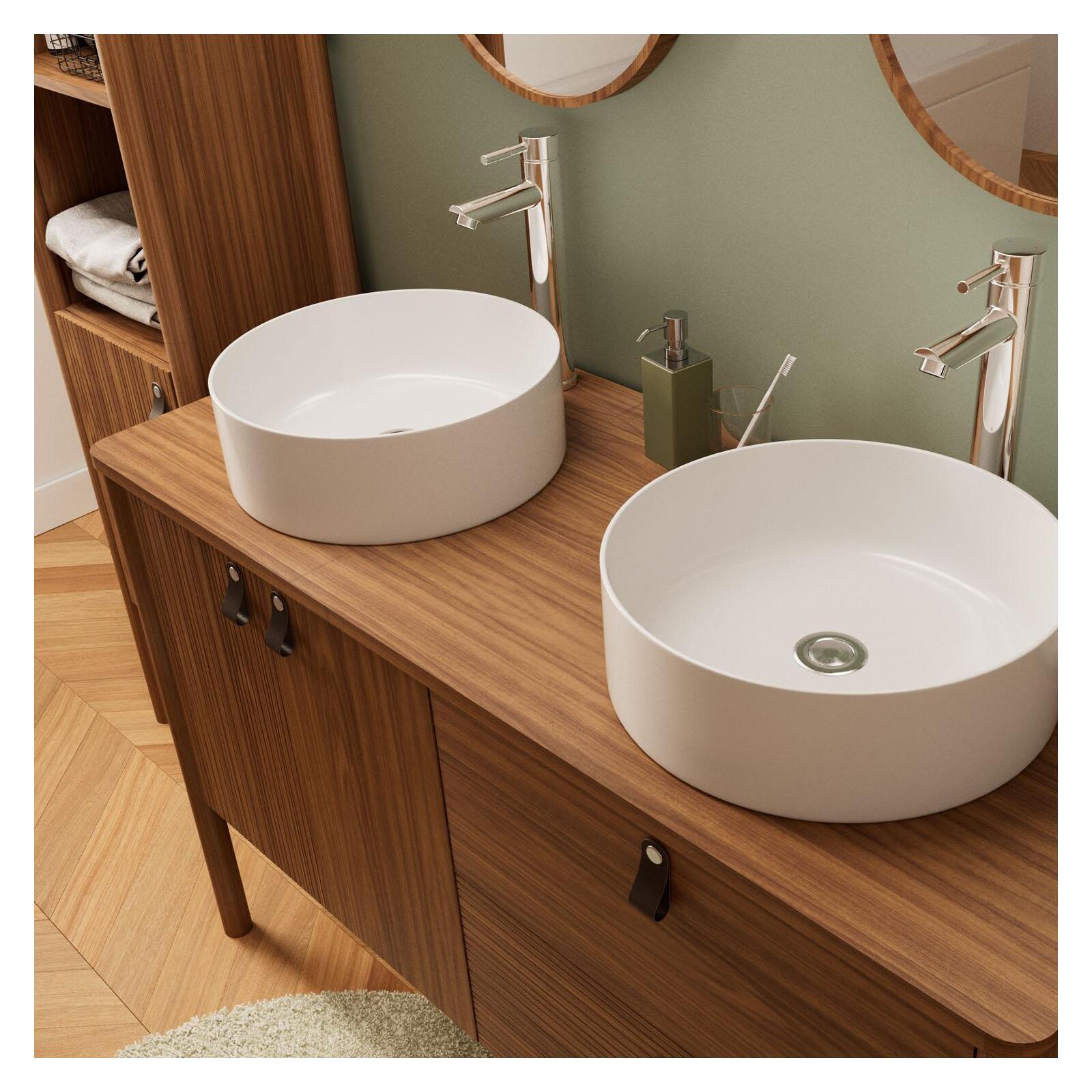 Ensemble meuble double vasque 120 cm noyer + 2 vasques blanches + 2 robinets Ensemble meuble double vasque 120 cm noyer + 2 vasques blanches + 2 robinets