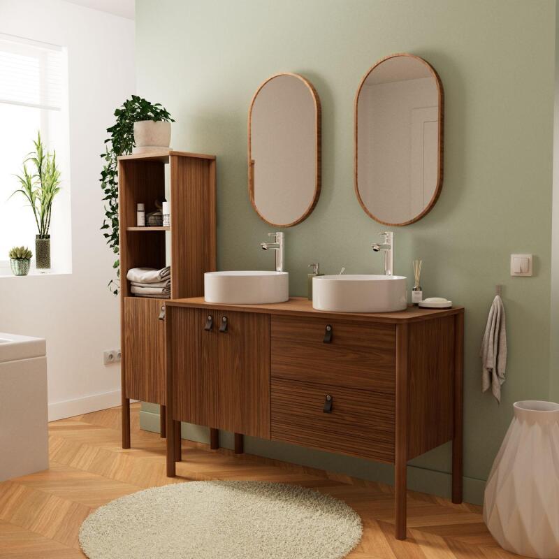 Ensemble meuble double vasque 120 cm noyer + vasque + robinet