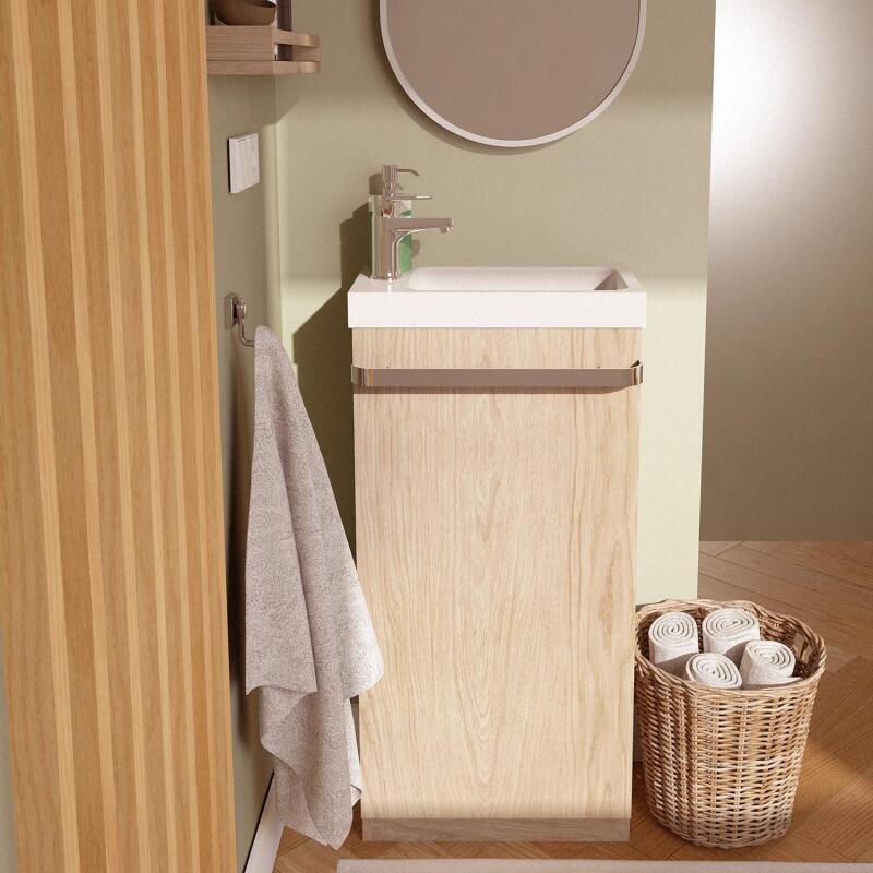 Ensemble lave-mains sur pieds décor chêne + robinet