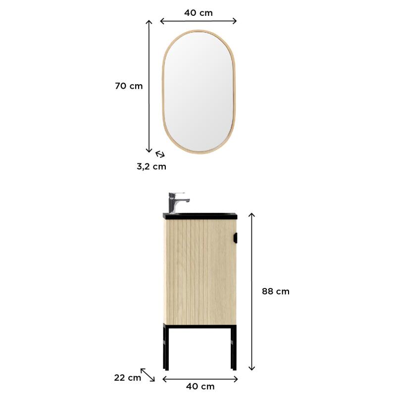 Ensemble meuble lave-mains sur pieds chêne carbone + miroir