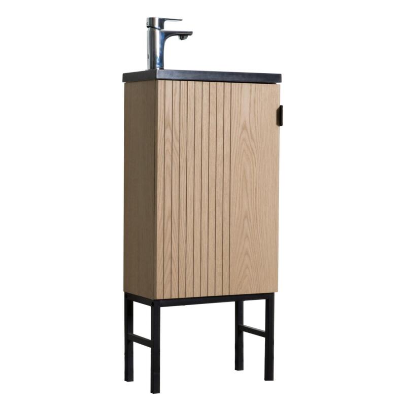 Meuble lave-mains décor chêne vasque noire sur pieds