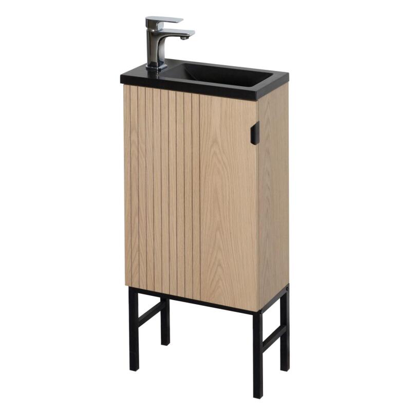 Meuble lave-mains décor chêne vasque noire sur pieds