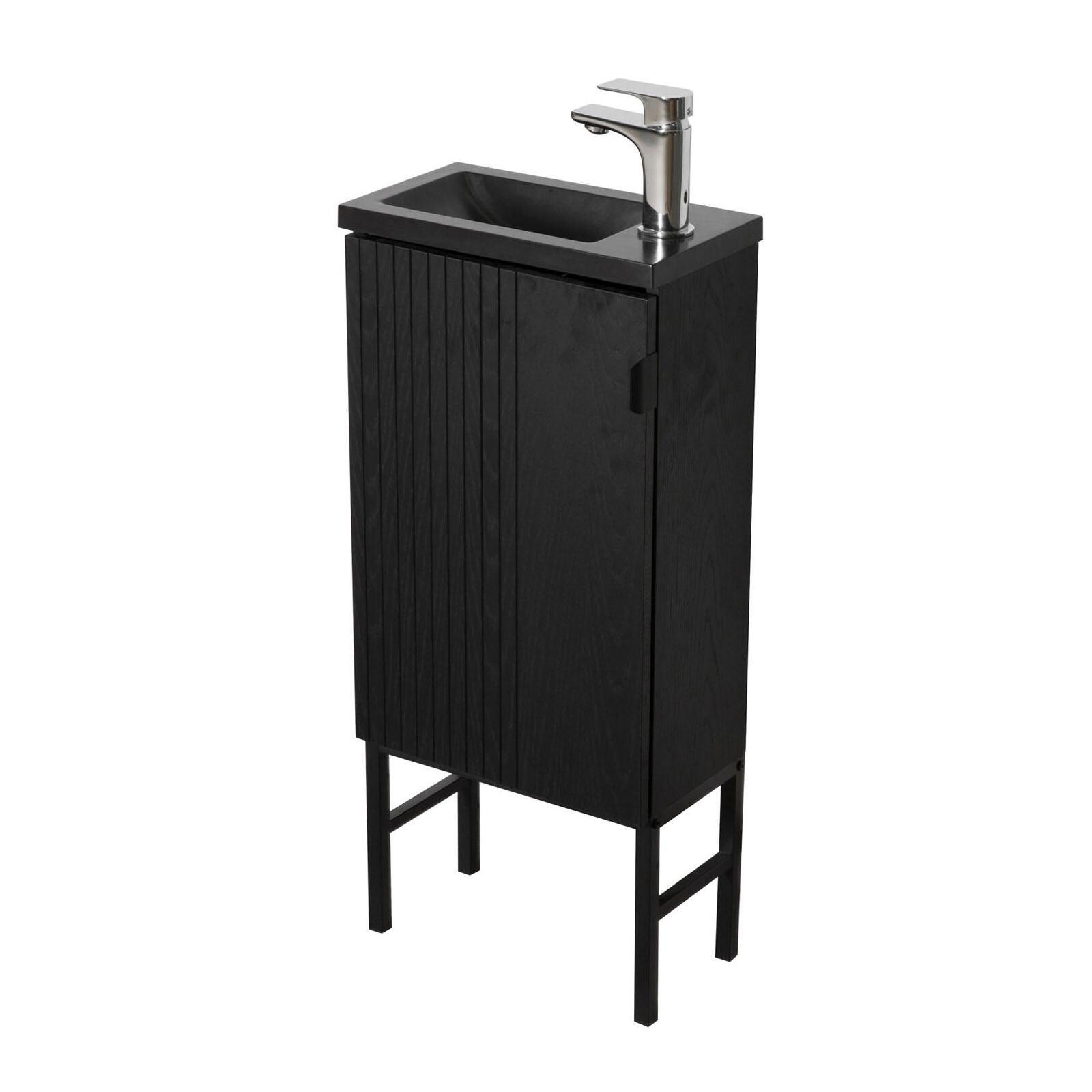 Ensemble meuble lave-mains décor chêne vasque noire + miroir