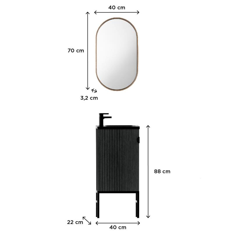 Ensemble meuble lave-mains chêne vasque noire + robinet + miroir