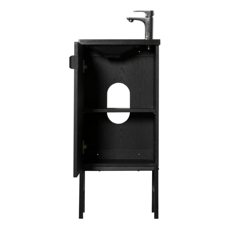 Ensemble meuble lave-mains chêne vasque noire + robinet + miroir