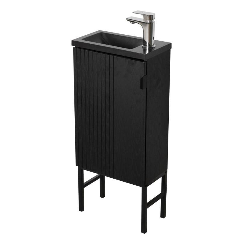 Ensemble meuble lave-mains chêne vasque noire + robinet + miroir