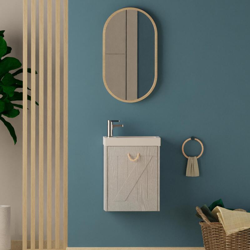 Meuble lave-mains gris bord de mer + robinet + miroir