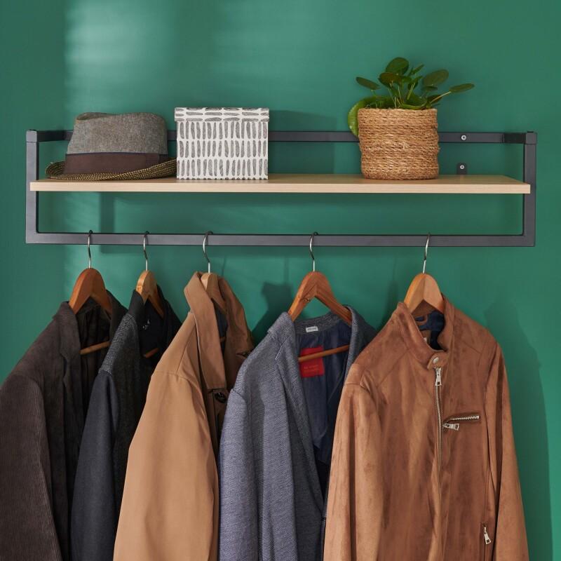 Penderie étagère murale bois et métal noir L90 cm ETAN