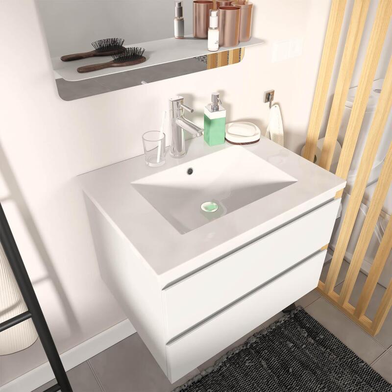 Ensemble meuble simple vasque blanc  60cm  + vasque + miroir