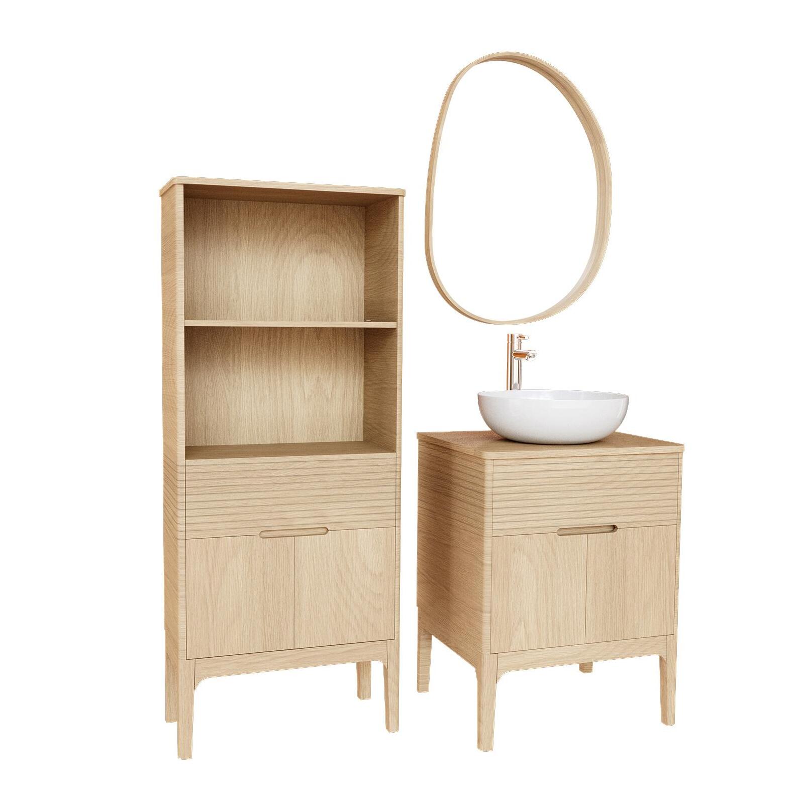 Ensemble meuble simple vasque 60 cm chêne naturel + vasque + robinet + miroir + colonne