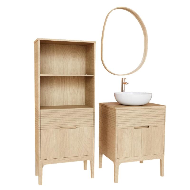Ensemble meuble simple vasque 60 cm chêne naturel + vasque + robinet + miroir + colonne