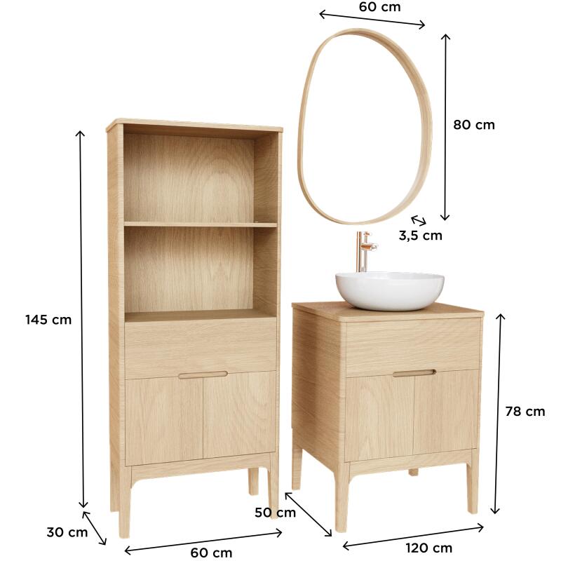 Ensemble meuble simple vasque 60 cm chêne naturel + vasque + robinet + miroir + colonne