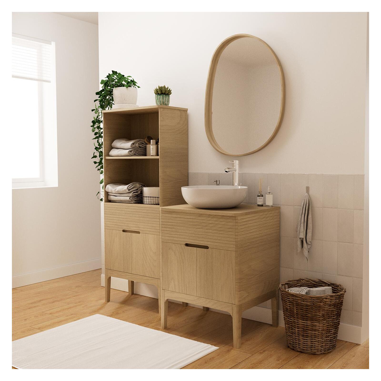 Ensemble meuble simple vasque 60 cm chêne naturel + vasque + robinet + miroir + colonne