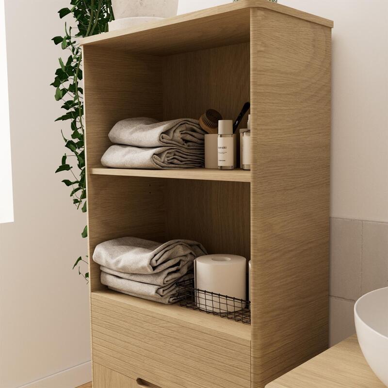 Ensemble meuble simple vasque 60 cm chêne naturel + vasque + robinet + miroir + colonne