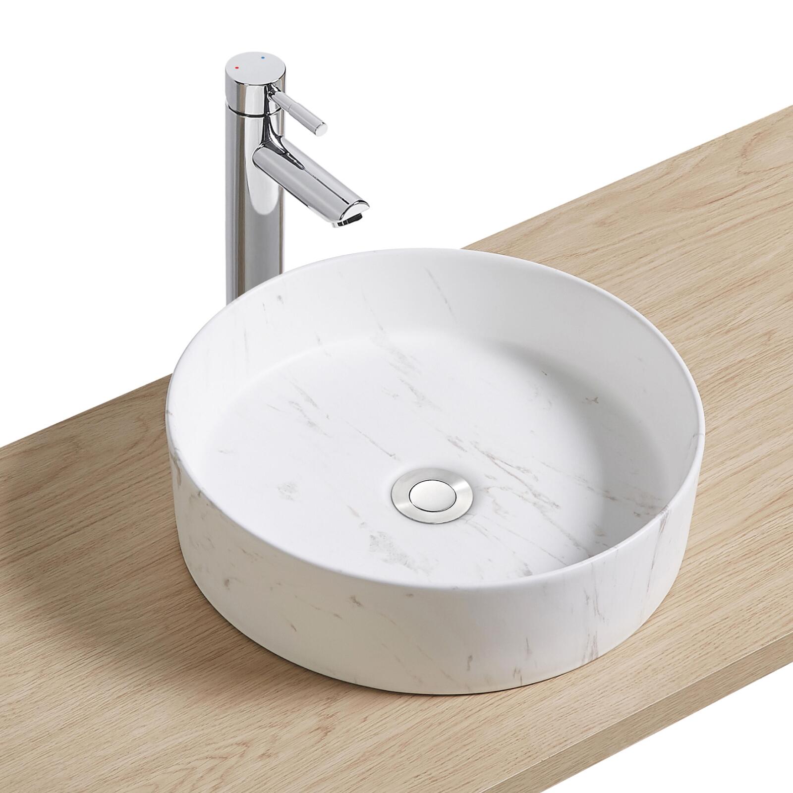 Vasque ronde à poser en céramique imitation marbre blanc D38cm NAYA Vasque ronde à poser en céramique imitation marbre blanc D38cm NAYA