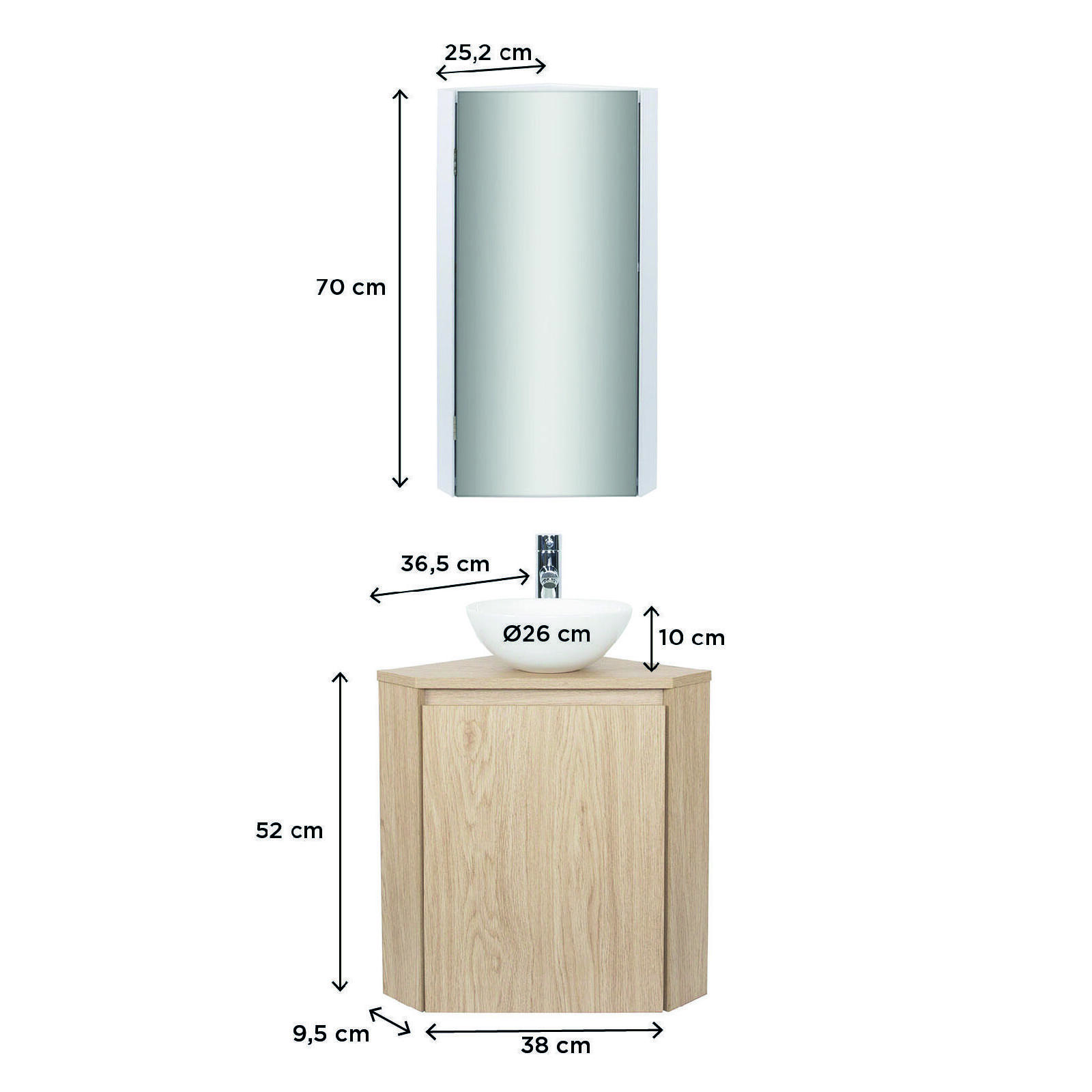 Ensemble lave-mains d'angle + vasque + robinet + armoire de toilette miroir