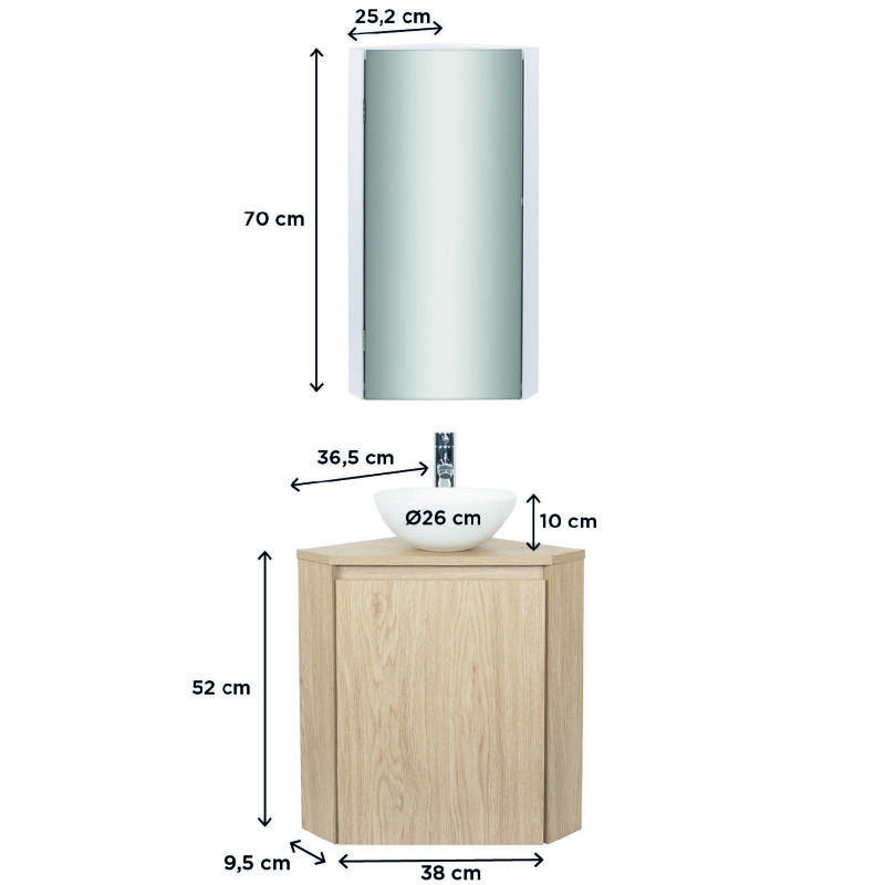 Ensemble lave-mains d'angle + vasque + robinet + armoire de toilette miroir