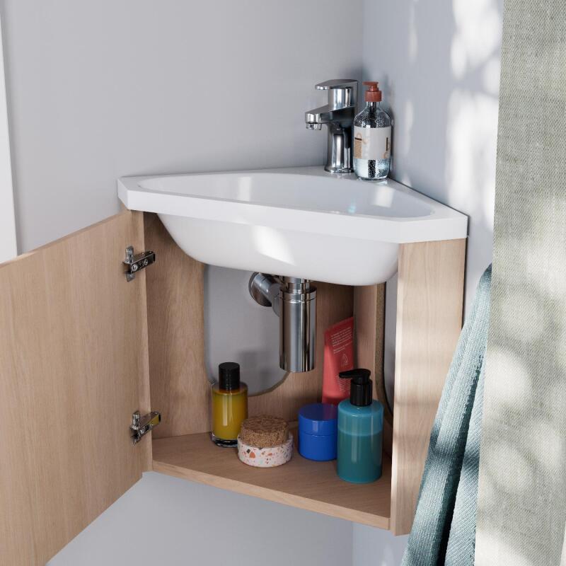 Ensemble meuble lave-mains d'angle décor chêne + Robinet + Armoire miroir