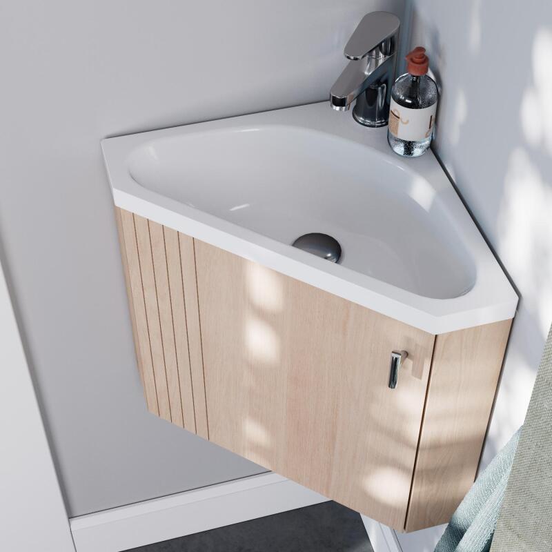 Ensemble meuble lave-mains d'angle décor chêne + Robinet + Armoire miroir