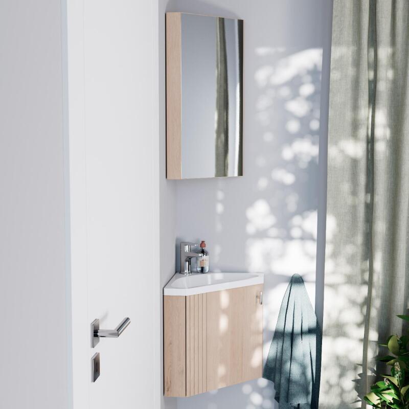 Ensemble meuble lave-mains d'angle décor chêne + Robinet + Armoire miroir