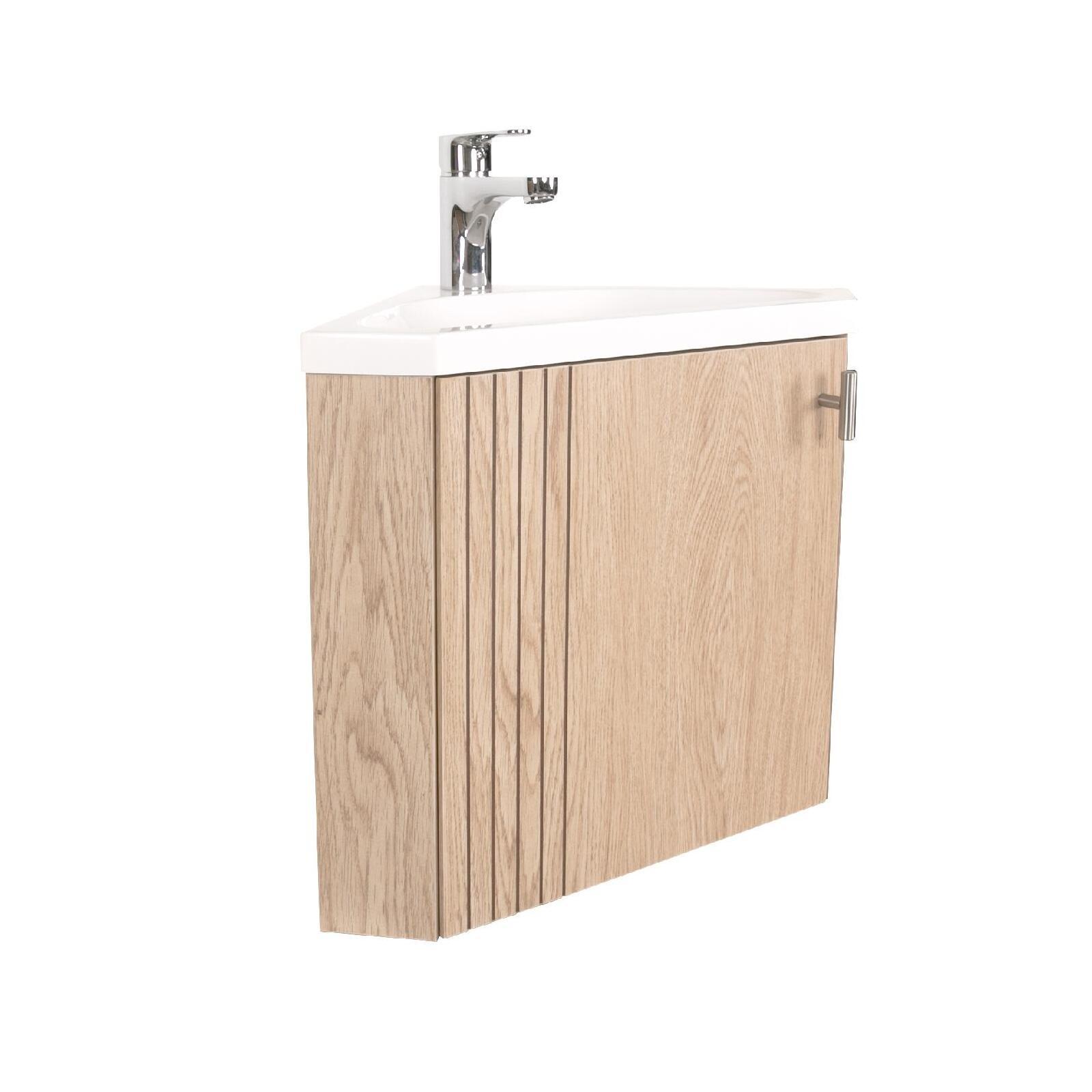 Ensemble meuble lave-mains d'angle décor chêne + Robinet