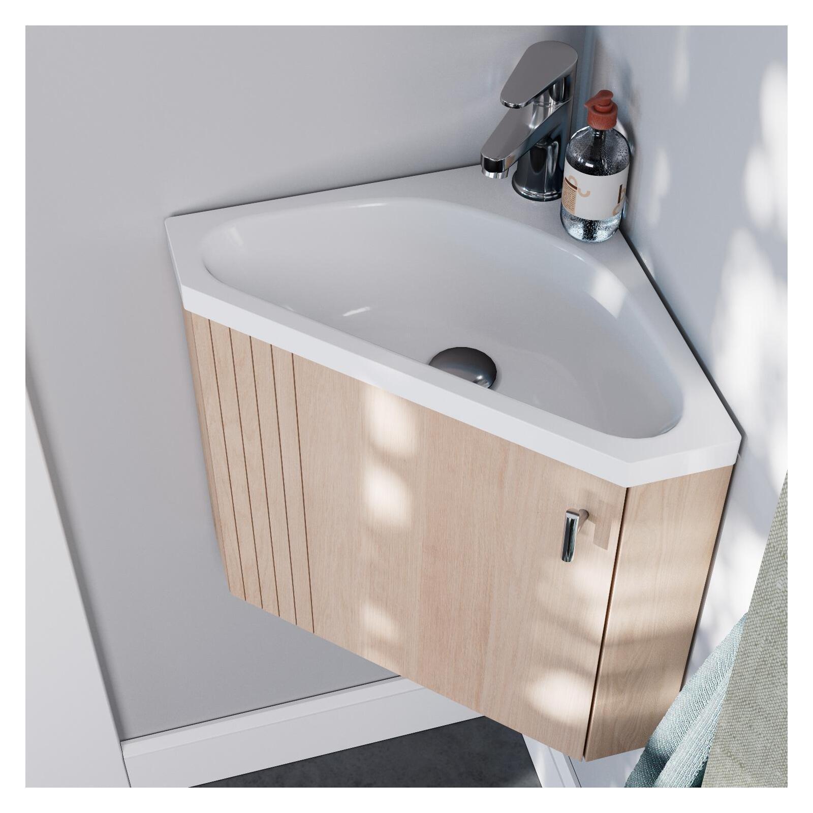Ensemble meuble lave-mains d'angle décor chêne + Robinet