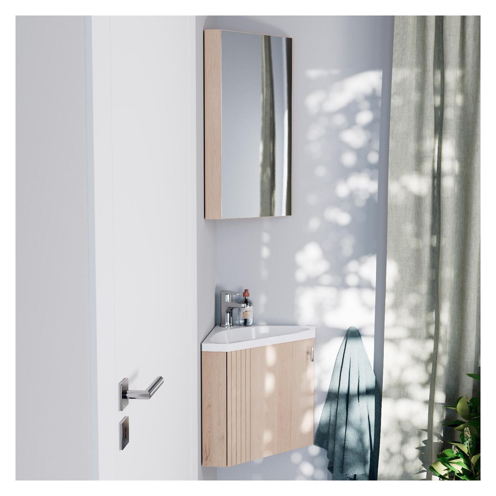 Ensemble meuble lave-mains d'angle décor chêne + Armoire miroir