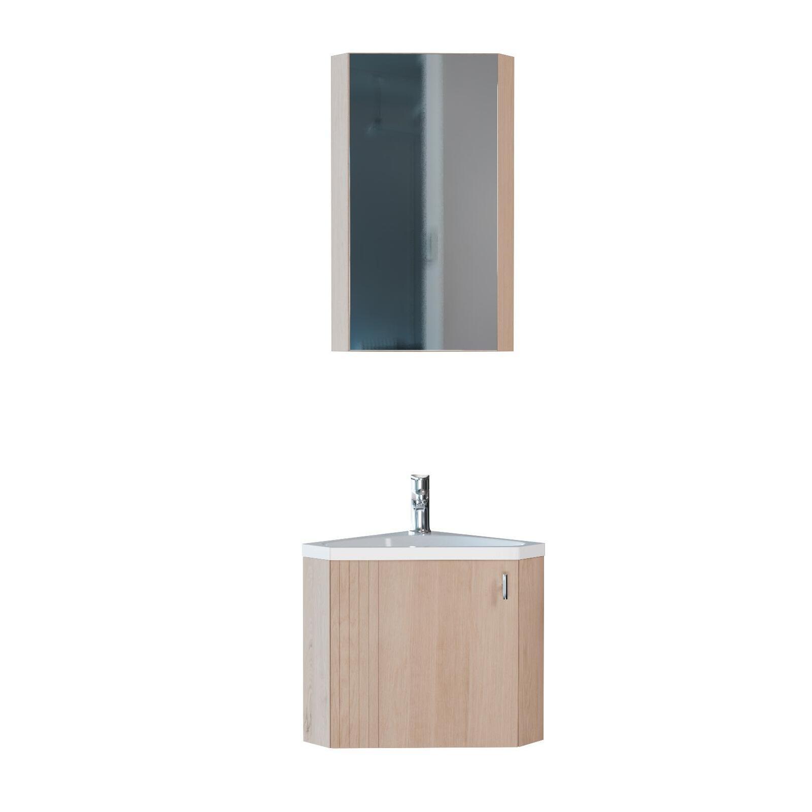 Ensemble meuble lave-mains d'angle décor chêne + Armoire miroir