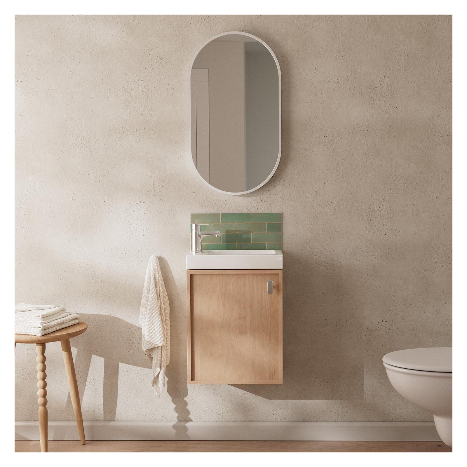 Ensemble meuble lave-mains décor chêne FRAME + robinet + miroir