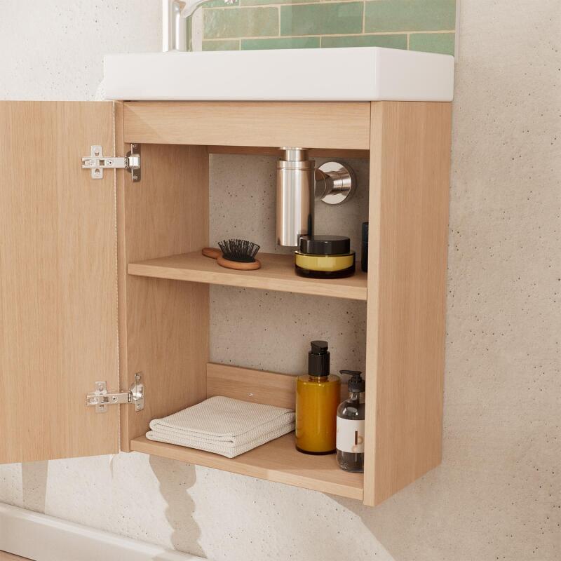 Ensemble meuble lave-mains décor chêne FRAME + robinet + miroir
