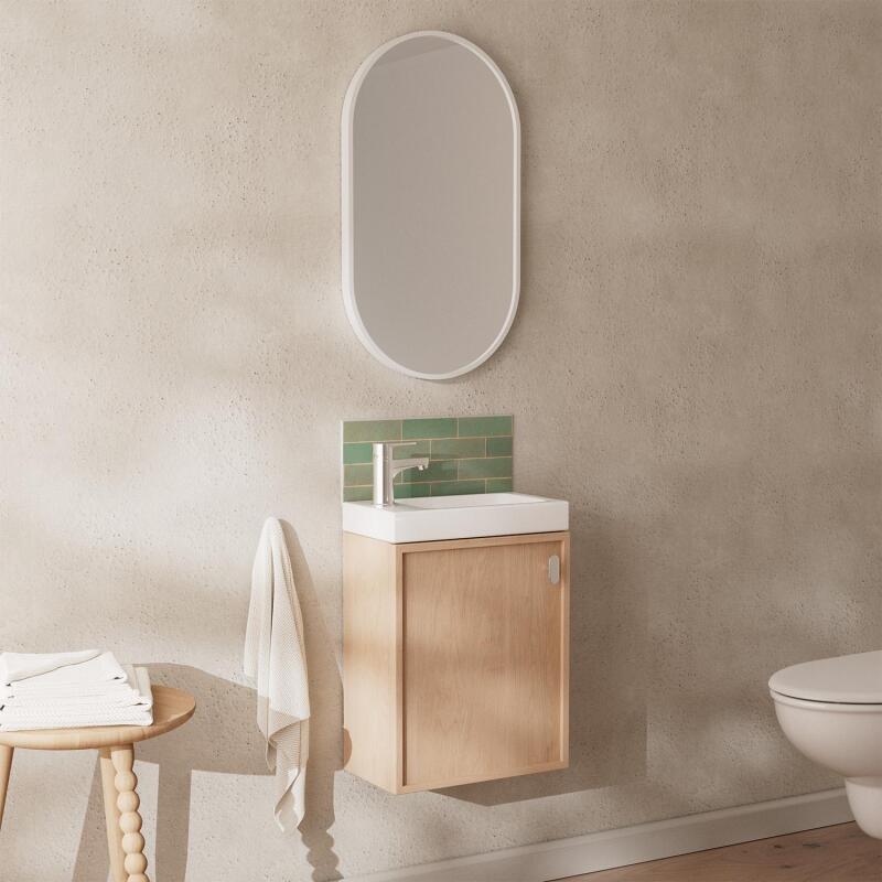 Ensemble meuble lave-mains décor chêne FRAME + robinet + miroir