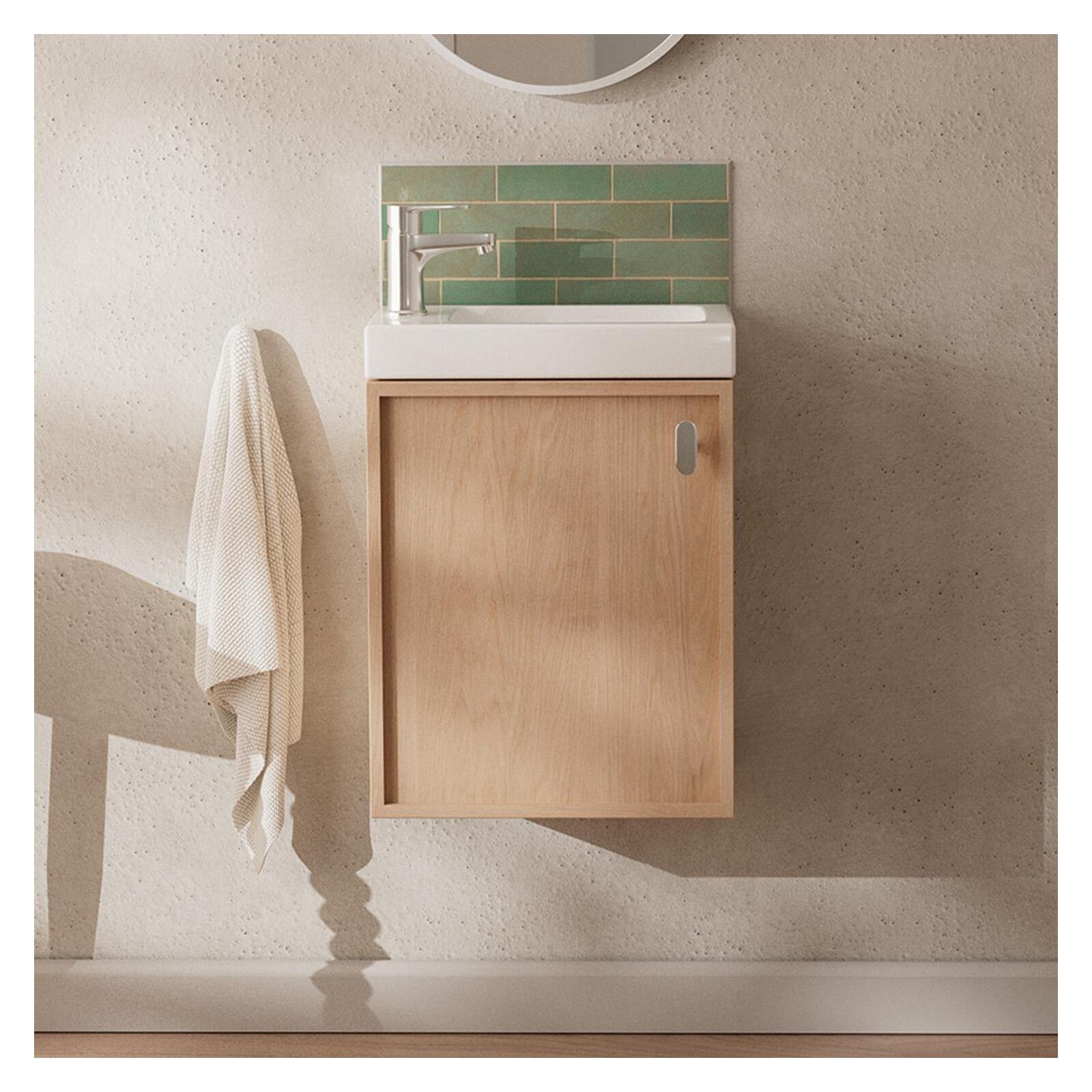Ensemble meuble lave-mains décor chêne + robinet