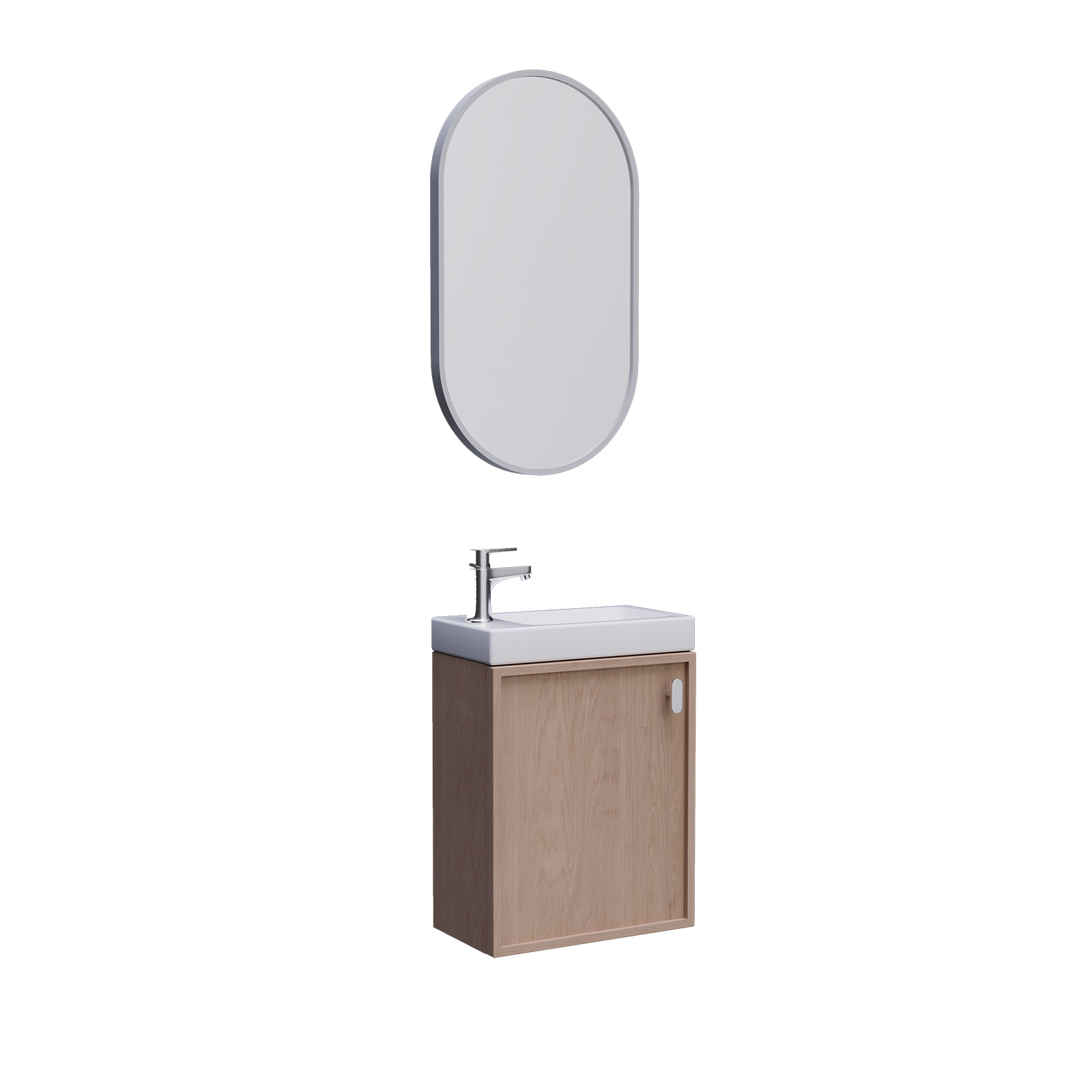 Ensemble meuble lave-mains décor chêne + robinet + miroir